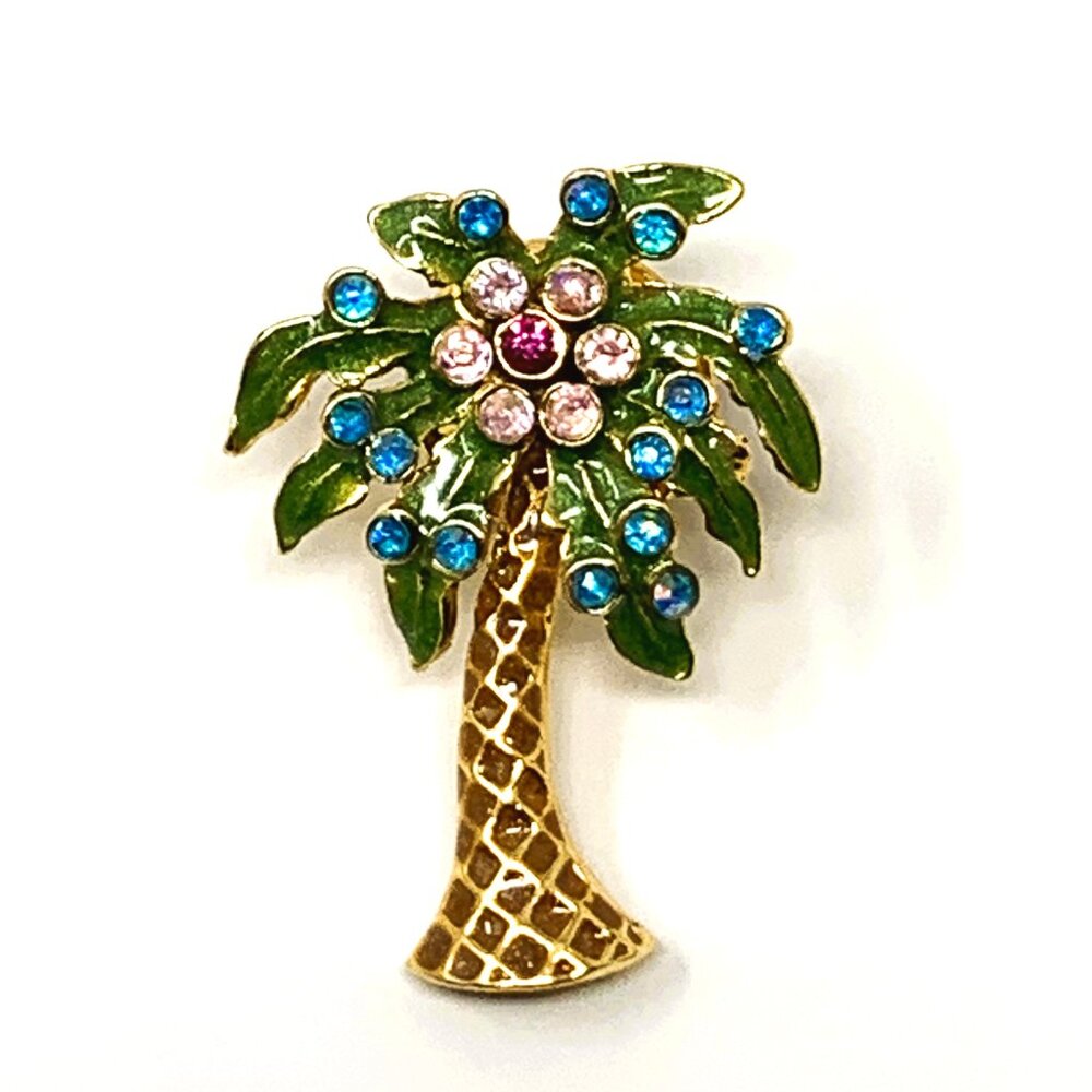 Nina Ricci Palm Tree Enamelled Pin Brooch Rhinestones